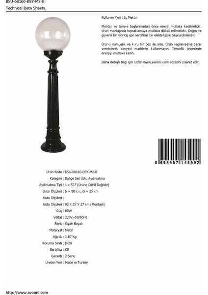 BSU-68160-BSY-M2-B Siyah Boyalı Dış Mekan Aydınlatma E27 ABS Akrilik Cam 25cm