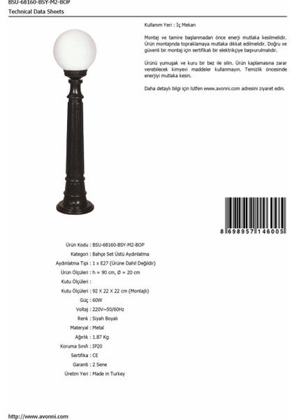 BSU-68160-BSY-M2-BOP Siyah Boyalı Dış Mekan Aydınlatma E27 ABS Polietilen Cam 20cm