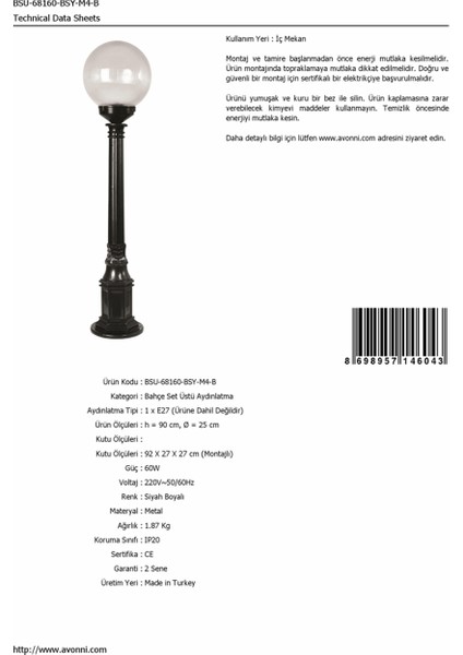 BSU-68160-BSY-M4-B Siyah Boyalı Dış Mekan Aydınlatma E27 ABS Akrilik Cam 25cm