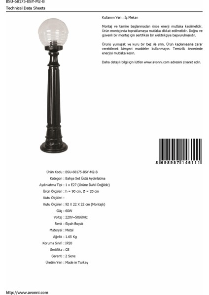 BSU-68175-BSY-M2-B Siyah Boyalı Dış Mekan Aydınlatma E27 ABS Akrilik Cam 20cm