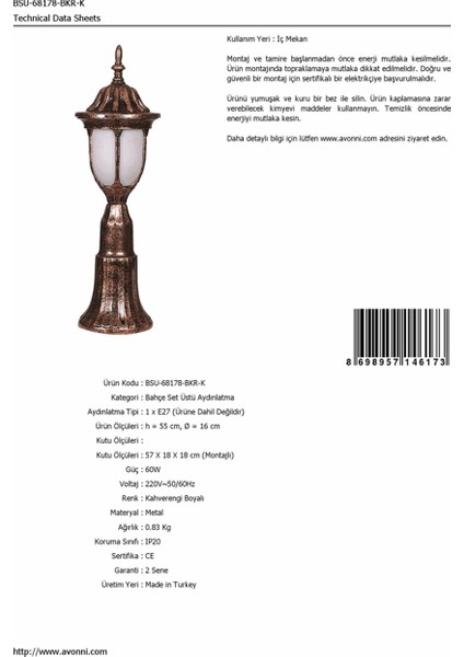 BSU-68178-BKR-K Kahverengi Boyalı Dış Mekan Aydınlatma E27 ABS Polikarbon Cam 16cm