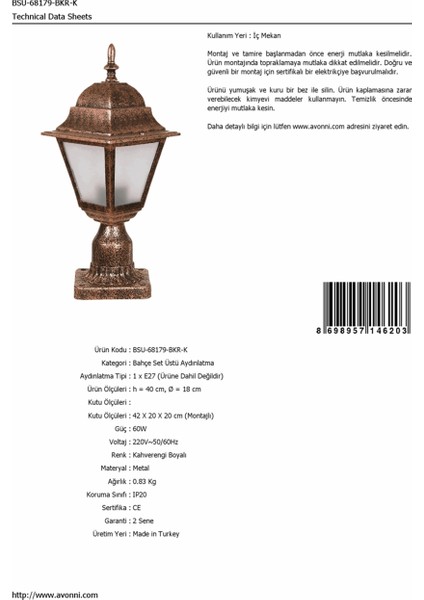 BSU-68179-BKR-K Kahverengi Boyalı Dış Mekan Aydınlatma E27 ABS Polikarbon Cam 18cm fırsatları