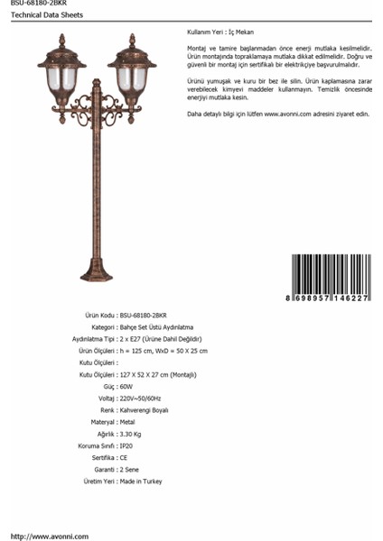 BSU-68180-2BKR Kahverengi Boyalı Dış Mekan Aydınlatma E27 Çelik Boru ABS Polikarbon Cam 50x25cm fırsatları