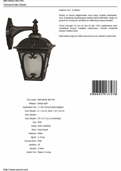 BAP-68181-BSY-M4 Siyah Boyalı Dış Mekan Aydınlatma E27 ABS Polikarbon Cam 25x20cm fırsatları