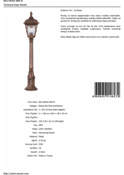 BSU-68181-BKR-B Kahverengi Boyalı Dış Mekan Aydınlatma E27 Çelik Boru ABS Polikarbon Cam 80x20cm