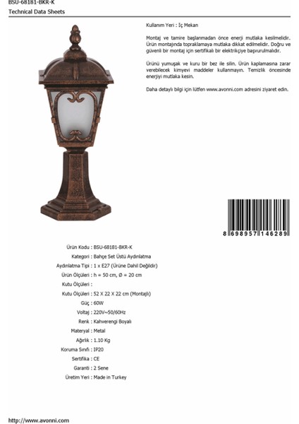 BSU-68181-BKR-K Kahverengi Boyalı Dış Mekan Aydınlatma E27 ABS Polikarbon Cam 20cm