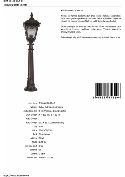 BSU-68181-BSY-B Siyah Boyalı Dış Mekan Aydınlatma E27 Çelik Boru ABS Polikarbon Cam 20cm