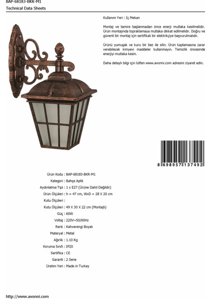 BAP-68183-BKR-M1 Kahverengi Boyalı Dış Mekan Aydınlatma E27 ABS Polikarbon Cam 28x20cm fırsatları