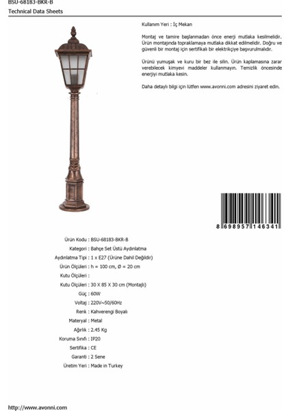 BSU-68183-BKR-B Kahverengi Boyalı Dış Mekan Aydınlatma E27 ABS Akrilik Cam 20cm fırsatları