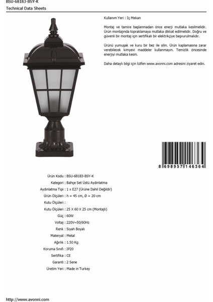 BSU-68183-BSY-K Siyah Boyalı Dış Mekan Aydınlatma E27 ABS Polikarbon Cam 20cm