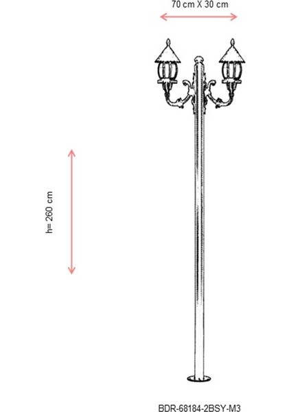 BDR-68184-2BSY-M3 Siyah Boyalı Dış Mekan Aydınlatma E27 Çelik Boru ABS Akrilik Cam 70x30cm