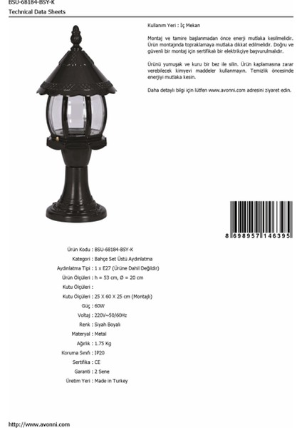 BSU-68184-BSY-K Siyah Boyalı Dış Mekan Aydınlatma E27 ABS Polikarbon Cam 20cm