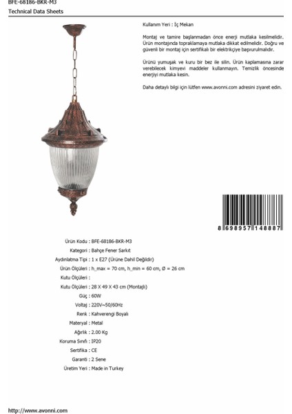 BFE-68186-BKR-M3 Kahverengi Boyalı Dış Mekan Aydınlatma E27 ABS Polikarbon Cam 26cm