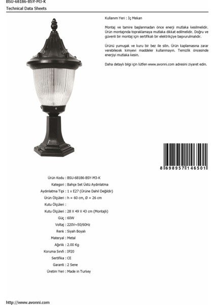 BSU-68186-BSY-M3-K Siyah Boyalı Dış Mekan Aydınlatma E27 ABS Polikarbon Cam 26cm