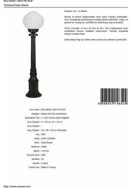 BSU-68187-1BSY-M2-KOP Siyah Boyalı Dış Mekan Aydınlatma E27 Aluminyum ABS Akrilik Cam 23cm