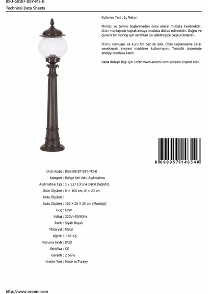BSU-68187-BSY-M2-B Siyah Boyalı Dış Mekan Aydınlatma E27 ABS Akrilik Cam 23cm