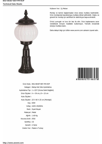 BSU-68187-BSY-M4-KOP Siyah Boyalı Dış Mekan Aydınlatma E27 ABS Akrilik Cam 23cm