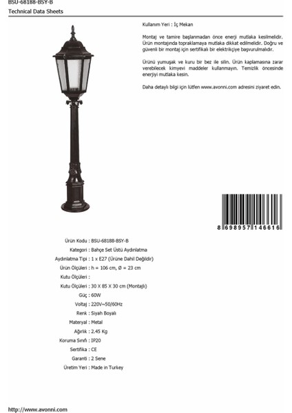 BSU-68188-BSY-B Siyah Boyalı Dış Mekan Aydınlatma E27 Çelik Boru ABS Polikarbon Cam 23cm fırsatları