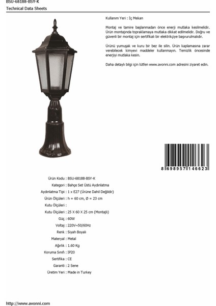 BSU-68188-BSY-K Siyah Boyalı Dış Mekan Aydınlatma E27 ABS Akrilik Cam 23cm