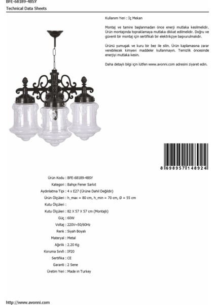 BFE-68189-4BSY Siyah Boyalı Dış Mekan Aydınlatma E27 ABS Akrilik Cam 55cm fırsatları