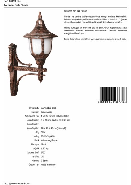 BAP-68190-BKR Kahverengi Boyalı Dış Mekan Aydınlatma E27 ABS Polikarbon Cam 35x24cm fırsatları
