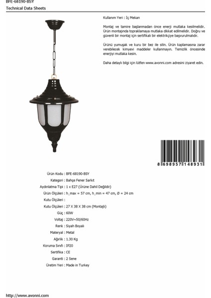 BFE-68190-BSY Siyah Boyalı Dış Mekan Aydınlatma E27 ABS Polikarbon Cam 24cm