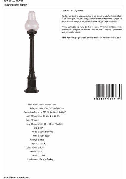 BSU-68192-BSY-B Siyah Boyalı Dış Mekan Aydınlatma E27 ABS Akrilik Cam 20cm
