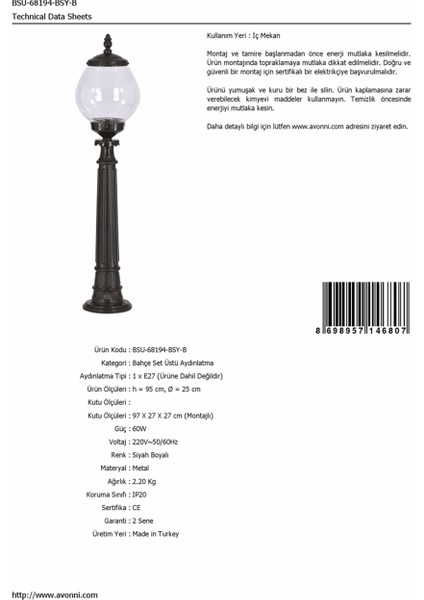 BSU-68194-BSY-B Siyah Boyalı Dış Mekan Aydınlatma E27 ABS Akrilik Cam 25cm fırsatları