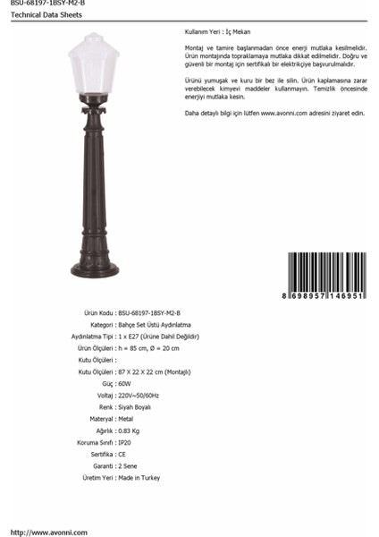 BSU-68197-1BSY-M2-B Siyah Boyalı Dış Mekan Aydınlatma E27 ABS Akrilik Cam 20cm