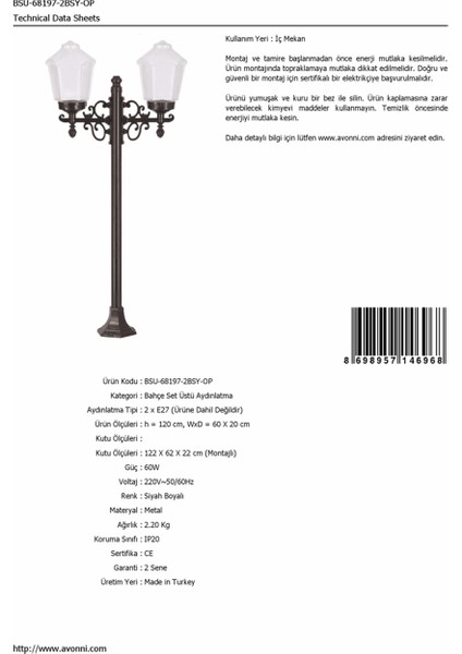 BSU-68197-2BSY-OP Siyah Boyalı Dış Mekan Aydınlatma E27 Metal ABS Akrilik Cam 60x20cm fırsatları
