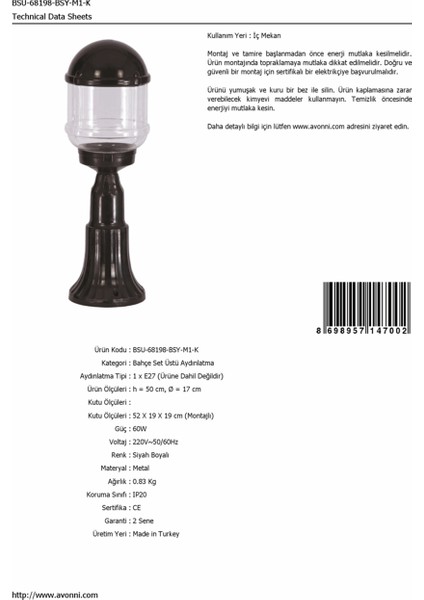 BSU-68198-BSY-M1-K Siyah Boyalı Dış Mekan Aydınlatma E27 ABS Akrilik Cam 17cm