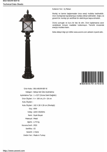 BSU-68199-BSY-B Siyah Boyalı Dış Mekan Aydınlatma E27 ABS Polikarbon Cam 26cm