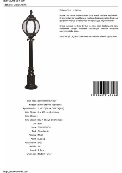 BSU-68203-BSY-BOP Siyah Boyalı Dış Mekan Aydınlatma E27 ABS Akrilik Cam 26cm
