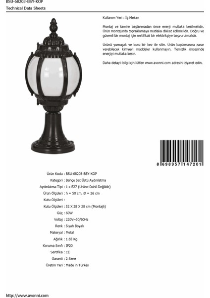 BSU-68203-BSY-KOP Siyah Boyalı Dış Mekan Aydınlatma E27 ABS Akrilik Cam 26cm fırsatları