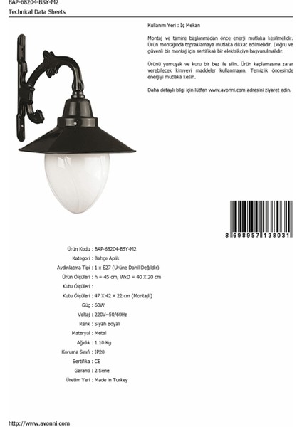 BAP-68204-BSY-M2 Siyah Boyalı Dış Mekan Aydınlatma E27 ABS Akrilik Cam 40x20cm fırsatları