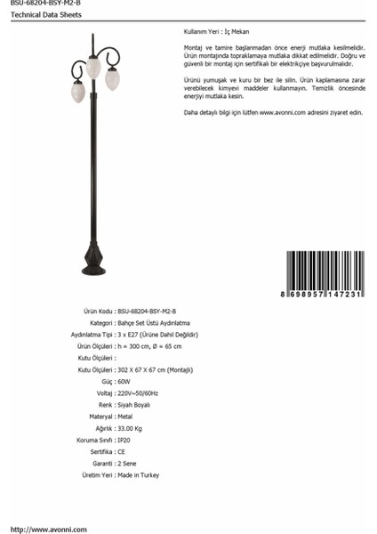 BSU-68204-BSY-M2-B Siyah Boyalı Dış Mekan Aydınlatma E27 Çelik Boru ABS Akrilik Cam 65cm