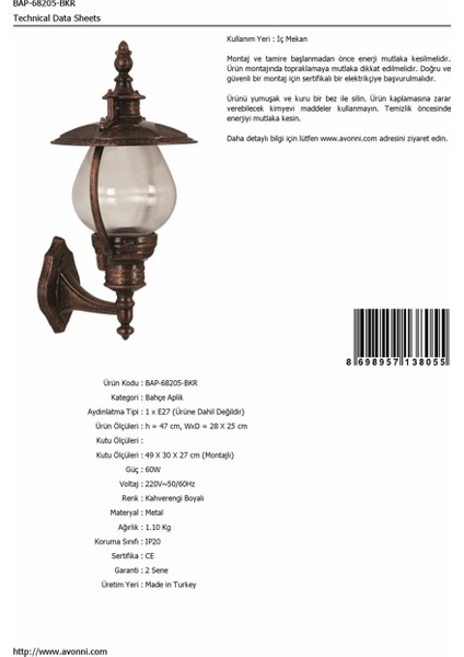 BAP-68205-BKR Kahverengi Boyalı Dış Mekan Aydınlatma E27 ABS Akrilik Cam 28x25cm fırsatları