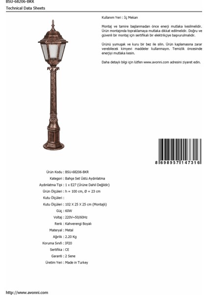 BSU-68206-BKR Kahverengi Boyalı Dış Mekan Aydınlatma E27 ABS Akrilik Cam 23cm fırsatları