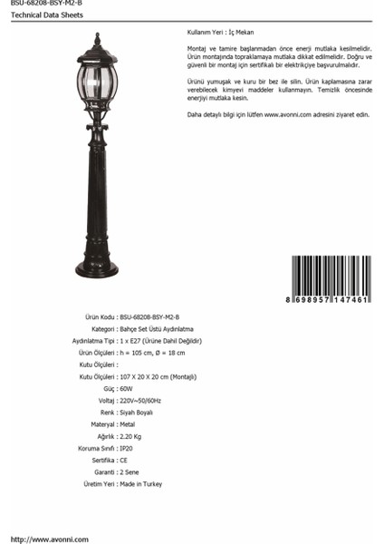 BSU-68208-BSY-M2-B Siyah Boyalı Dış Mekan Aydınlatma E27 ABS Polikarbon Cam 18cm