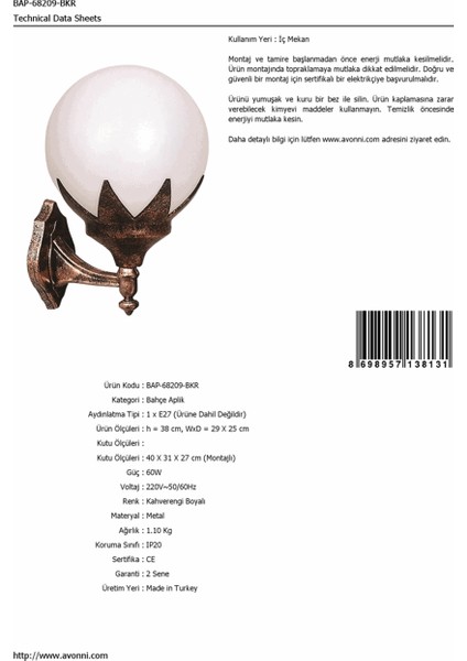 BAP-68209-BKR Kahverengi Boyalı Dış Mekan Aydınlatma E27 ABS Polietilen Cam 29x25cm fırsatları