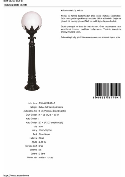 BSU-68209-BSY-B Siyah Boyalı Dış Mekan Aydınlatma E27 ABS Polietilen Cam 25cm