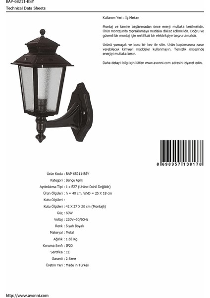 BAP-68211-BSY Siyah Boyalı Dış Mekan Aydınlatma E27 ABS Cam 25x18cm