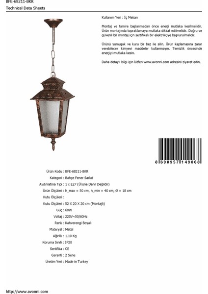 BFE-68211-BKR Kahverengi Boyalı Dış Mekan Aydınlatma E27 ABS Cam 18cm fırsatları