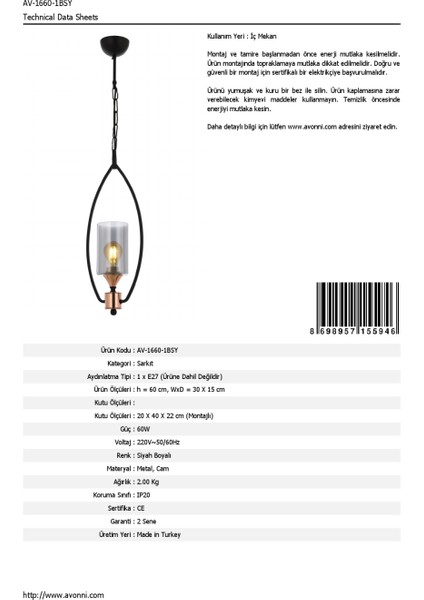 AV-1660-1BSY Siyah Boyalı Modern Avize E27 Metal Cam 30x15cm