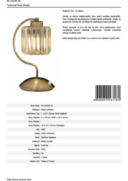 ML-65244-1E Eskitme Kaplama Masa Lambası E27 Metal Kristal 20x25cm