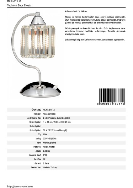 ML-65244-1K Krom Kaplama Masa Lambası E27 Metal Kristal 20x25cm