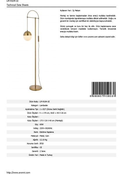 AVONNI LM-9104-1E Eskitme Kaplama Lambader E27 Metal Cam 40x20cm