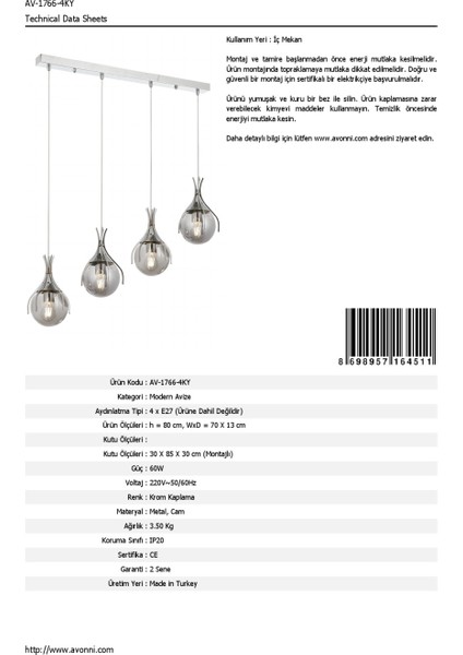 AV-60161-4KY Krom Kaplama Modern Avize E27 Metal Cam 70x13cm indirimleri