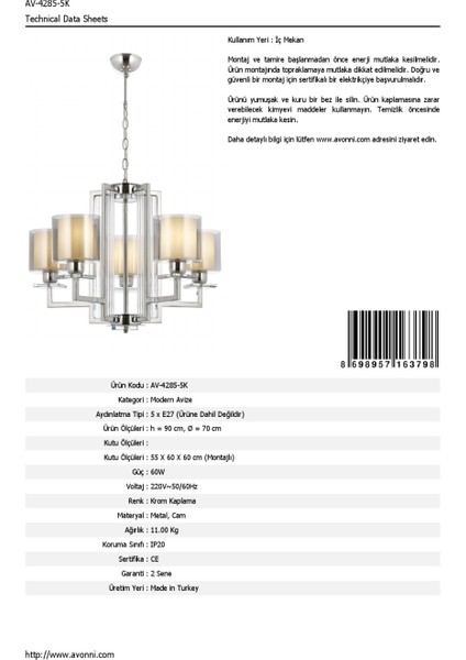 AV-60190-5K Krom Kaplama Modern Avize E27 Metal Cam 70cm