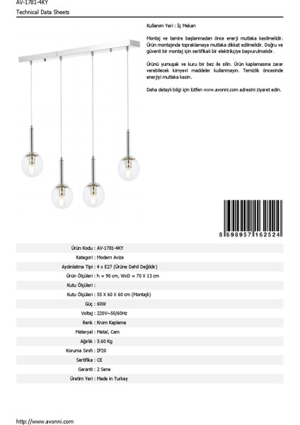 AV-60216-4KY Krom Kaplama Modern Avize E27 Metal Cam 70x13cm